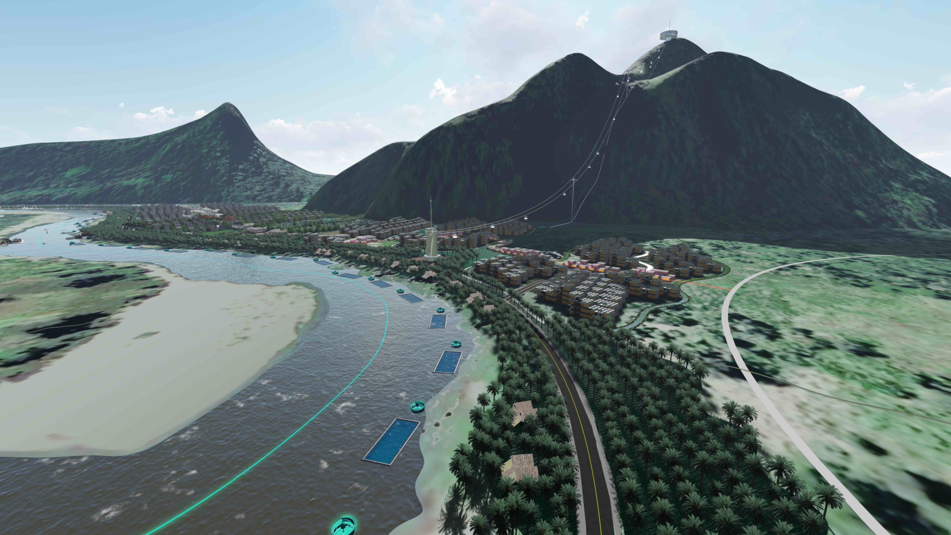 Visualisation of the river with fish pens, a road, and housing under the hills.