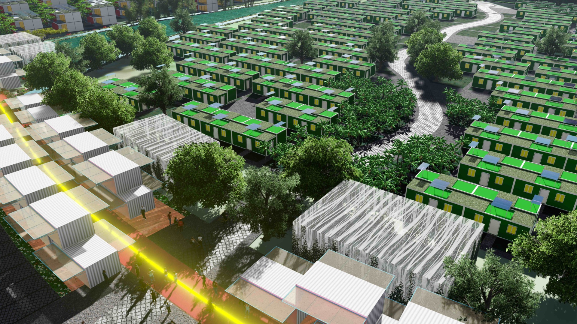 Visualisation of green-roofed terrace housing beside a lit pedestrian way.
